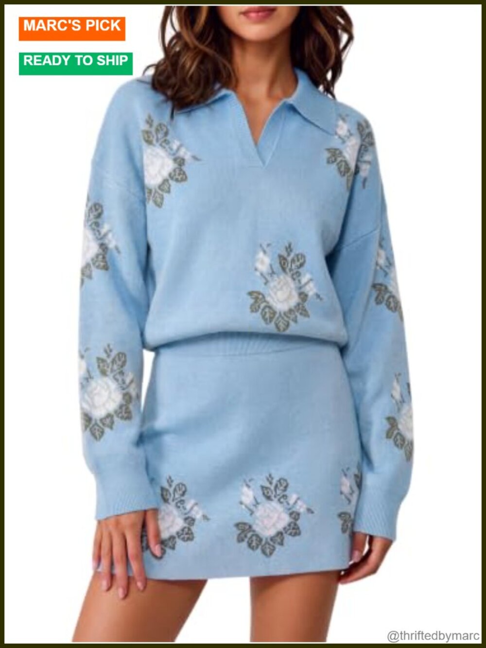 Womens 2 Piece Knit Sweater & Skirt Sets Floral V Neck Long Sleeve Fall Outfit